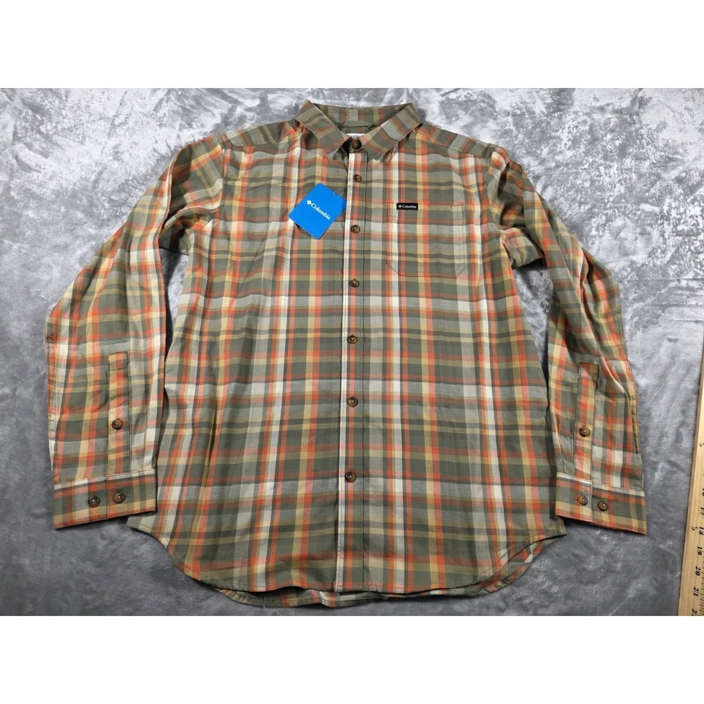 NWT Columbia Button Up Casual Shirt‎ Men's Medium Green/Orange Plaid